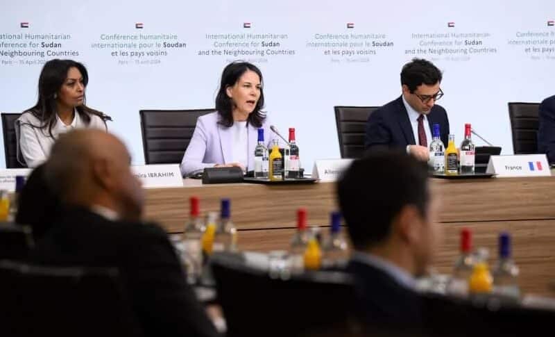 Annalena Baerbock (C), Germany's Foreign Minister, and Stephane Sejourne (R), French Foreign Minister, speak at the humanitarian donor conference for Sudan in the Centre de Conferences ministeriel on April 15, 2024. DPA photo