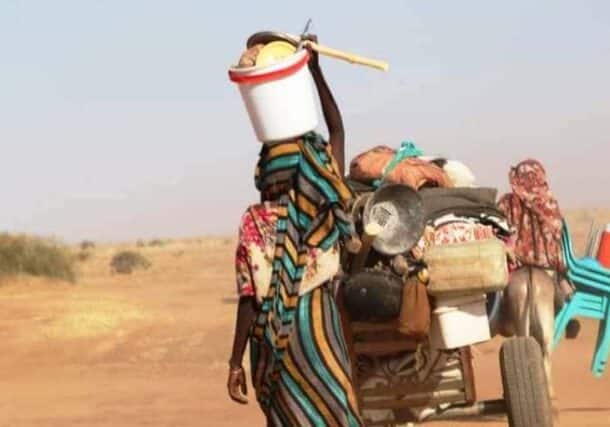Villagers flee theirs homes following recent attacks by the RSF and allied militias North Darfur on April 13, 2024