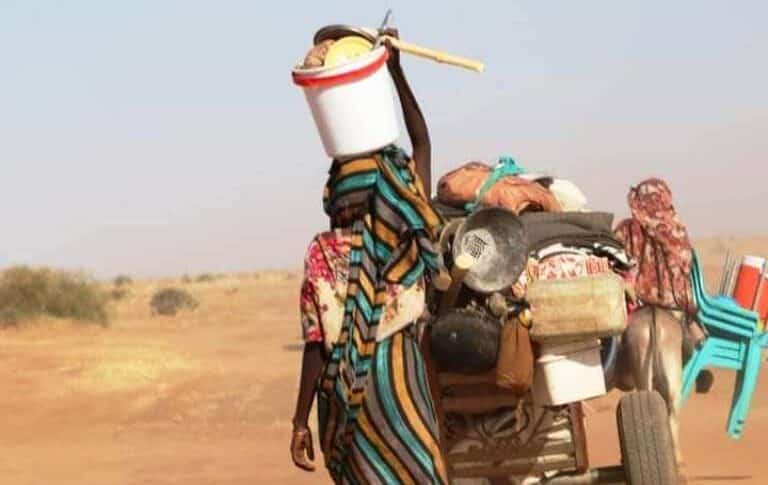 Villagers flee theirs homes following recent attacks by the RSF and allied militias North Darfur on April 13, 2024