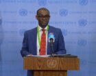 Al-Harith Idriss, Sudan's Permanent Representative to the UN, speaks to the media on May 24, 2024