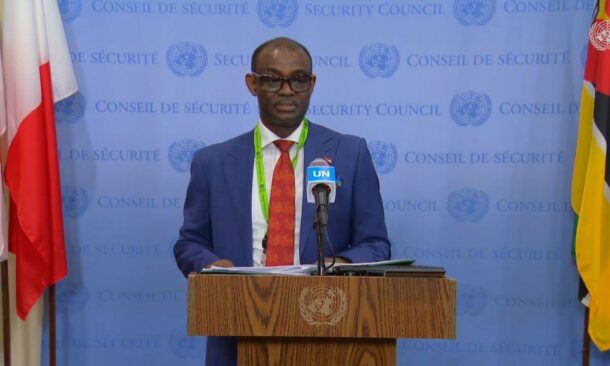 Al-Harith Idriss, Sudan's Permanent Representative to the UN, speaks to the media on May 24, 2024