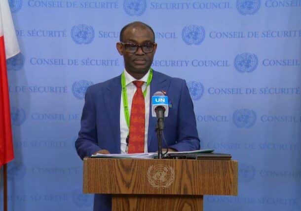 Al-Harith Idriss, Sudan's Permanent Representative to the UN, speaks to the media on May 24, 2024