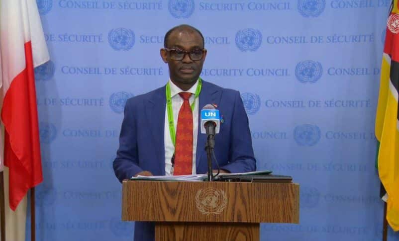 Al-Harith Idriss, Sudan's Permanent Representative to the UN, speaks to the media on May 24, 2024