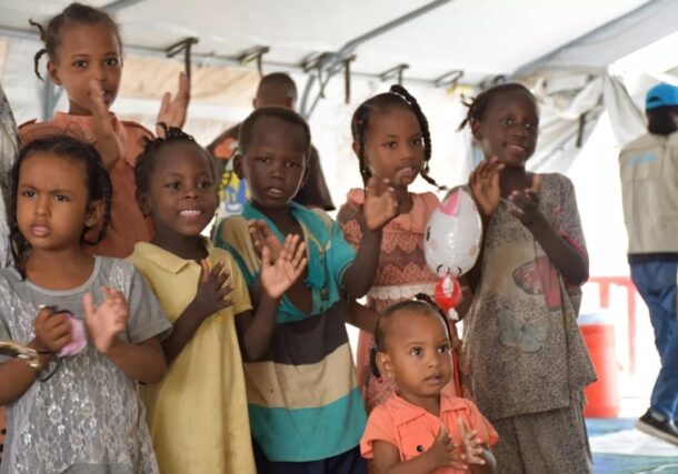 Children singing at a UNICEF-supported safe learning space in Port Sudan