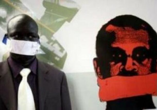 Sudanese journalists gag themselves as part of a campaign against press censorship.