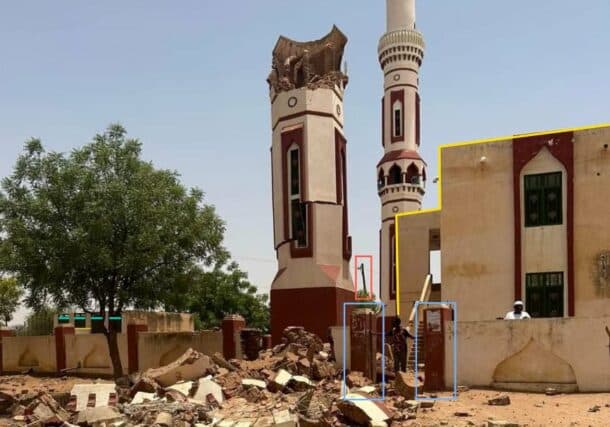 Mosque damaged by shelling in El Geneina, West Darfur, on May 17, 2023. (Photo: Mark Snoeck via Twitter)