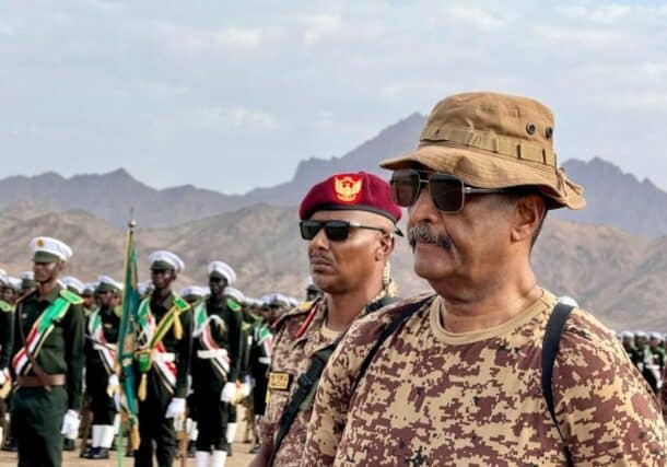 Al-Burhan inspects troops at a graduation ceremony in Gebit before a drone attack on July 31, 2024