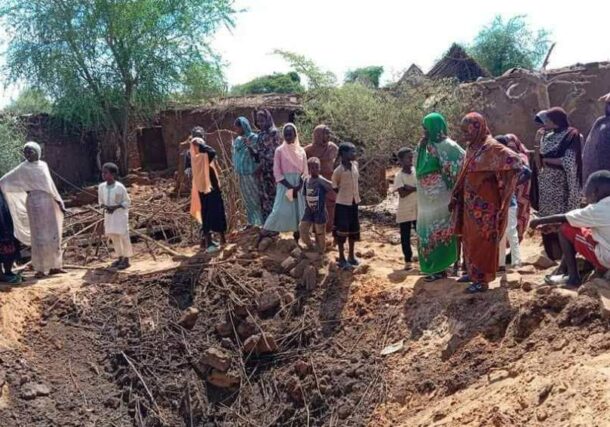A huge hole in the Zamzam camp, where a bomb was dropped by the Sudanese air force on Sunday August 4, 2024.