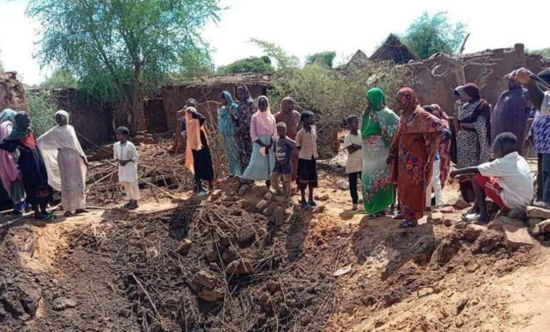 A huge hole in the Zamzam camp, where a bomb was dropped by the Sudanese air force on Sunday August 4, 2024.