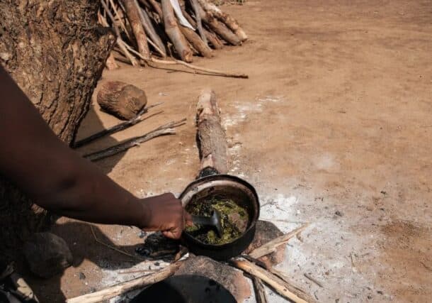 Amjuma Ali cooks Kawal leaves collected from nearby trees at a camp for the displaced people in Kadugli, South Kordofan state, on June 18, 2024, AFP photo