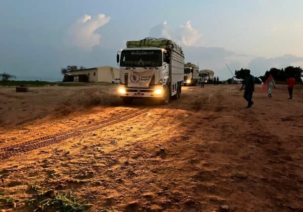 WFP trucks at Adre crossing on the Chad–Sudan border on August 21, 2024 (USAID photo)