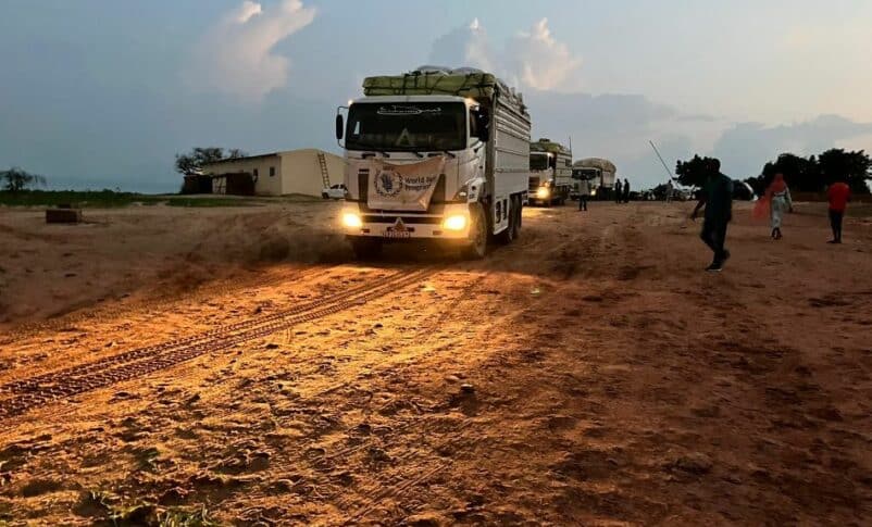 WFP trucks at Adre crossing on the Chad–Sudan border on August 21, 2024 (USAID photo)