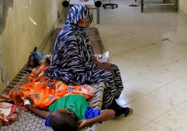 A child suffering from cholera receives treatment at a rural isolation center in Wad Al-Hilu in Kassala state, on August 17, 2024. AFP photo