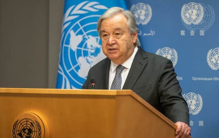 Antonio Gueterres speaks to reporters in New York on May 17, 2023
