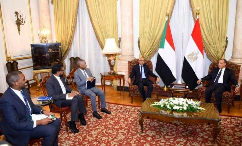 Egypt's Foreign Minister Badr Abdel-Aty (L) received his Sudanese counterpart Hussein Awad ahead of the Arab League meeting on Tuesday