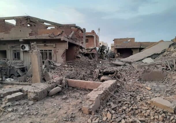 Houses in southern Khartoum damaged by airstrikes by the Sudanese army