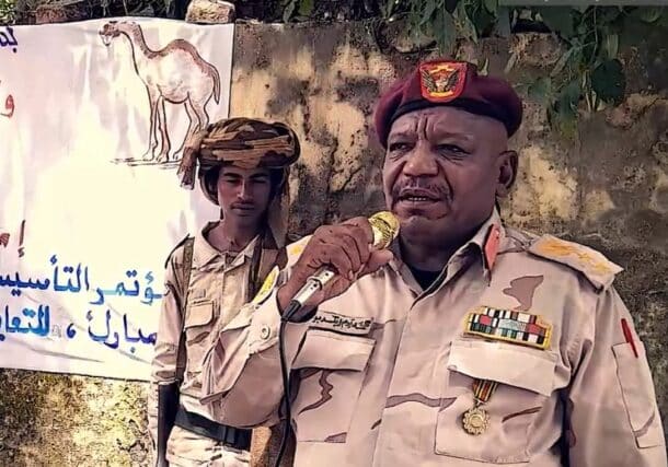 RSF Commander of the Second Division in Zalingei addresses the first founding conference of the Baraka Sons Emirate in Central Darfur on October 14, 2024