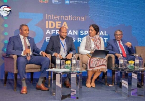 From the left: IDEA representative with Al-Mahdi, Hala al-Kabrib and Noureldin Sati during a discussion panel on Sudan in Nairobi, on November 1, 2024
