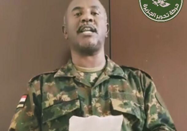 Al-Sadiq Adam Omer, deputy political secretary of the Jazeera Liberation Movement, delivers a speech outlining the movement's goals and calling for recruits on November 16, 2024.