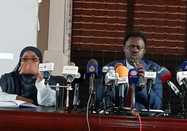 Minni Minawi Darfur Governor (R) and Salwa Adam Binia, Humanitarian Aid Commissioner speak during a press conference on November 11, 2024