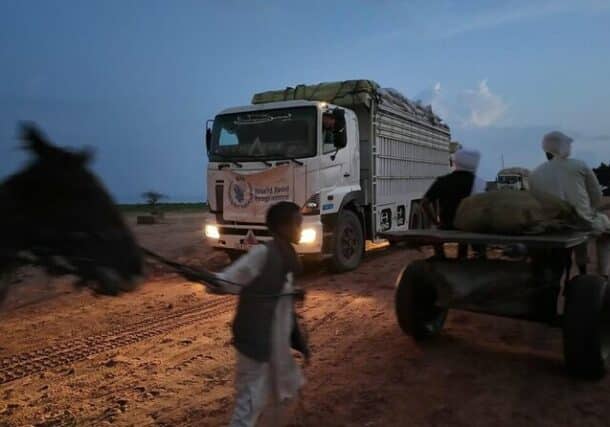 First WFP trucks cross Sudan's reopened Adre border with food for communities at risk of famine on August 21, 2024 (WFP photo)