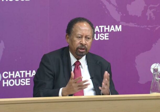 Former Prime Minister Abdallah Hamdok speaking in London on October 31, 2024