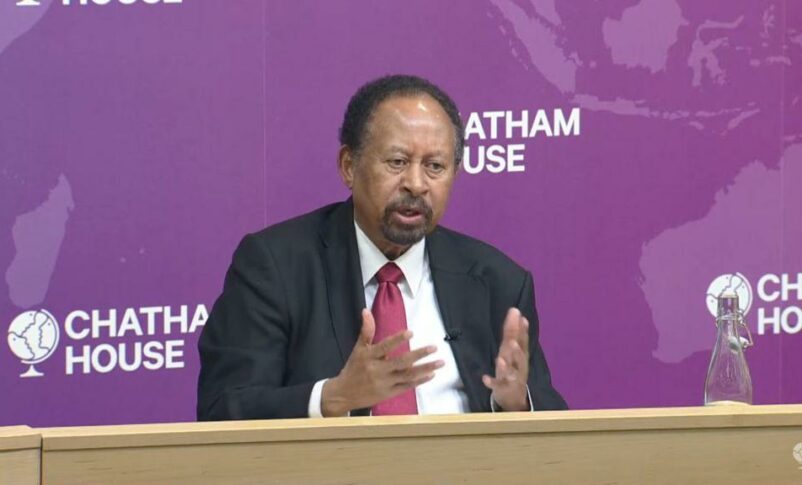 Former Prime Minister Abdallah Hamdok speaking in London on October 31, 2024