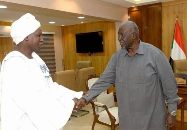 Malik Agar deputy head of the Sovereign Council shakes hands with Ismail Kater NUP leadership senior member on November 10, 2024