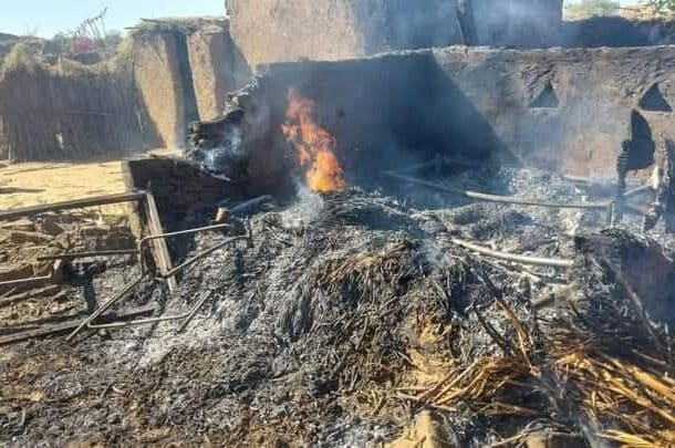 A home engulfed in flames in Zamzam camp after reported shelling by Rapid Support Forces (RSF) on December 10, 2024
