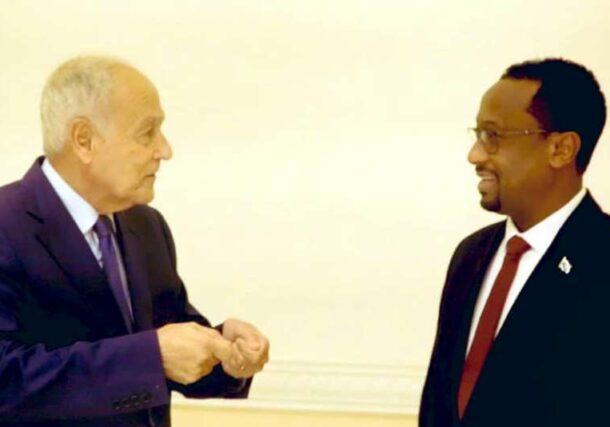 Arab League chief Ahmed Aboul Gheit (L) speaks with Khalid Aleisir in Port Sudan on December 9, 2024