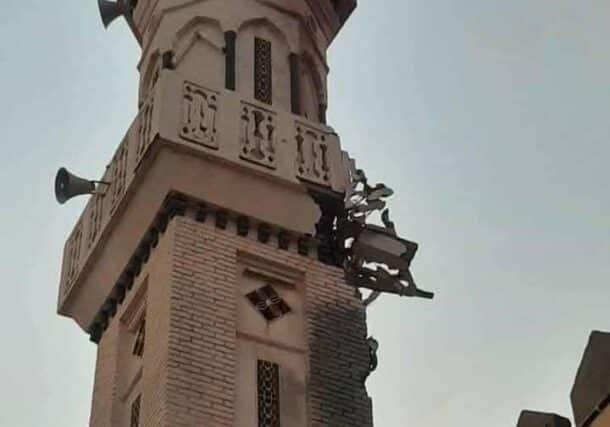 Damaged minaret of the Mosque Alshaikh Alsidiq in Shambat of Khartoum Bahri folowing an army airstrike on December 6, 2024