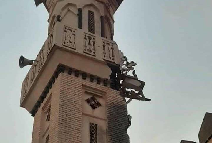 Damaged minaret of the Mosque Alshaikh Alsidiq in Shambat of Khartoum Bahri folowing an army airstrike on December 6, 2024