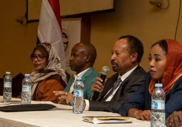 Former Prime Minister Abdalla Hamdok (second from right) participates in an internal Tagadum discussion in Kampala on December 5, 2024.