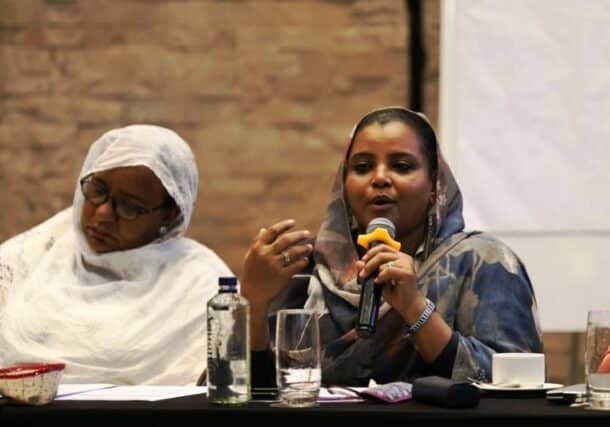 Head of the Women's Sector in the Coordination of Civil Democratic Forces, Hadia Hasaballh, speaks in Nairobi on December 19, 2024