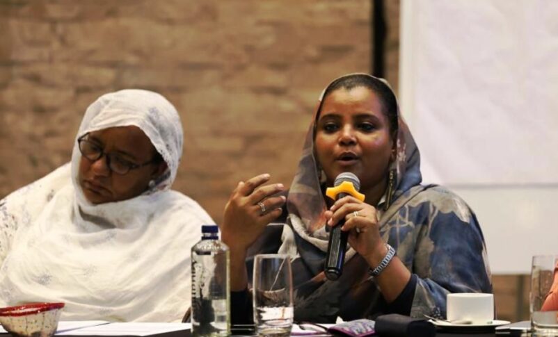 Head of the Women's Sector in the Coordination of Civil Democratic Forces, Hadia Hasaballh, speaks in Nairobi on December 19, 2024