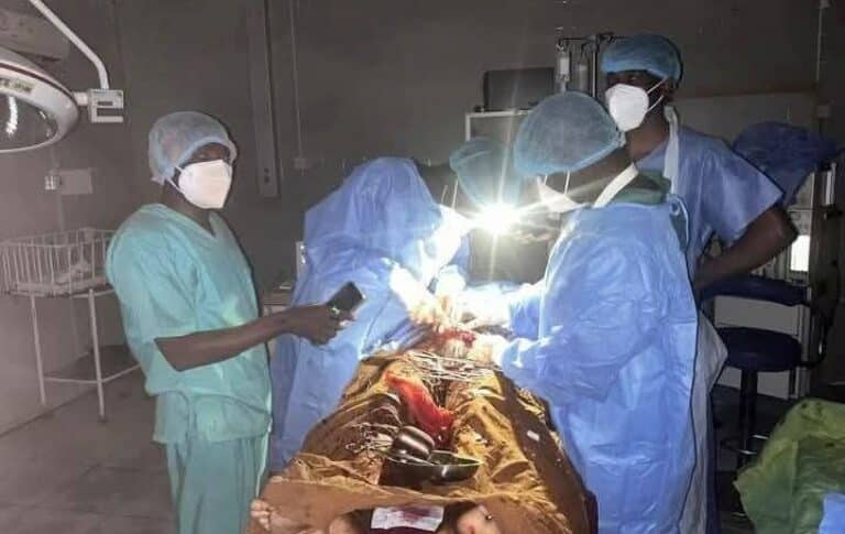 A medical team performs a caesarean section while a barrage of shells falls on the operating room at the Saudi Hospital on Jan 4, 2025