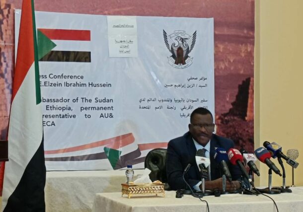 Ambassador Elzein Ibrahim Hussein speaks to the media in Addis Ababa on Jan 9, 2025