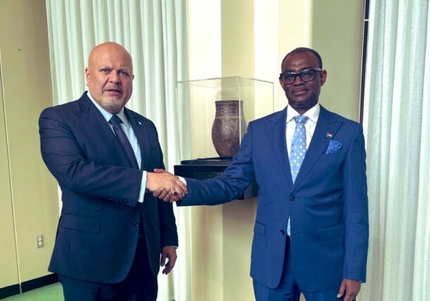 ICC Prosecutor Karim Khan poses with Al-Harith Idriss, Sudan's Permanent Representative, at the UN headquarters on August 6, 2024-1