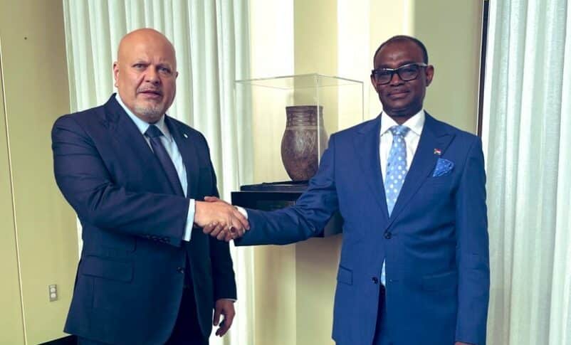 ICC Prosecutor Karim Khan poses with Al-Harith Idriss, Sudan's Permanent Representative, at the UN headquarters on August 6, 2024-1
