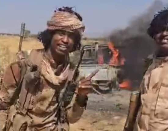 RSF forces in Kabkabiya, North Darfur, where a vehicle was destroyed during an attack on January 16, 2025.