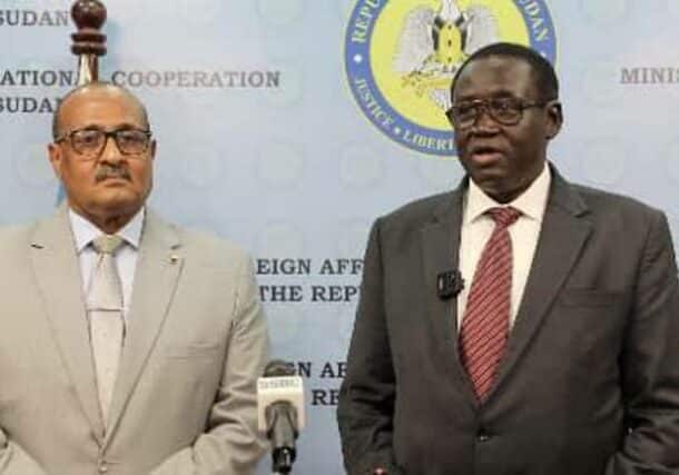 South Sudan's Amb John Samuel Bwogo poses with Sudanes ambassador Isam Karrar on Jan 15, 2025
