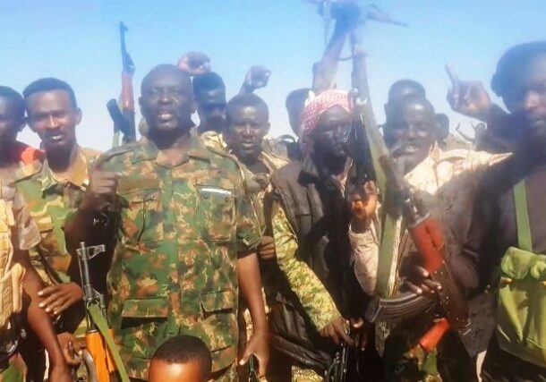 Sudanese troops celebrate Um Rawaba's recapture on Jan 30, 2025