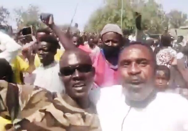 Civilians celebrate the arrival of the army in Al Rahad of North Kordofan , on Feb 17, 2025