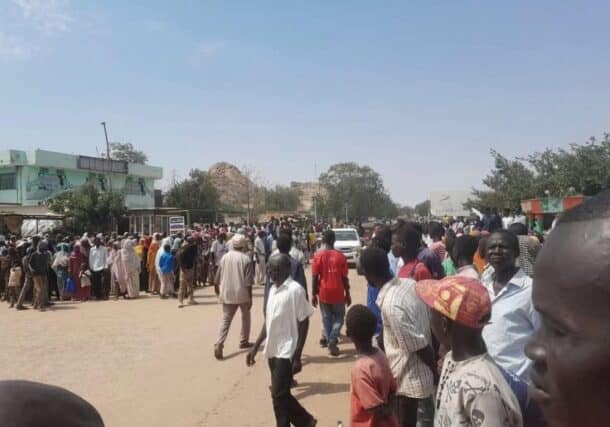 Dilling residents express welcome to Sudanese army troops in their neighborhood on February 24, 2025