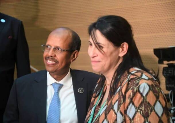 Newly elected Djibouti's Mahmoud Ali Youssif poses with Malika Salma Haddadi of Algeria on Feb 15, 2025-1