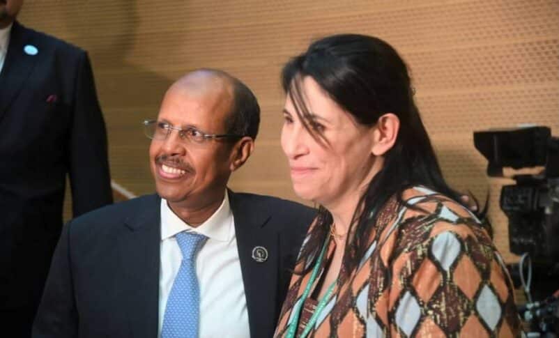 Newly elected Djibouti's Mahmoud Ali Youssif poses with Malika Salma Haddadi of Algeria on Feb 15, 2025-1