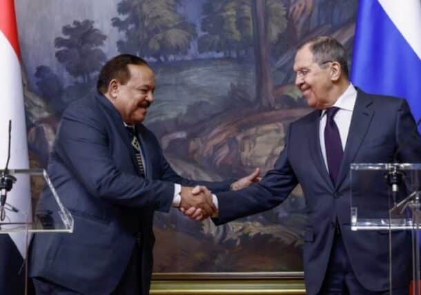 Russian Foreign Minister Sergei Lavrov and his Sudanese counterpart Ali Youssif shake hands during a press conference following their talks in Moscow, Russia, February 12, 2025. Reuters photo