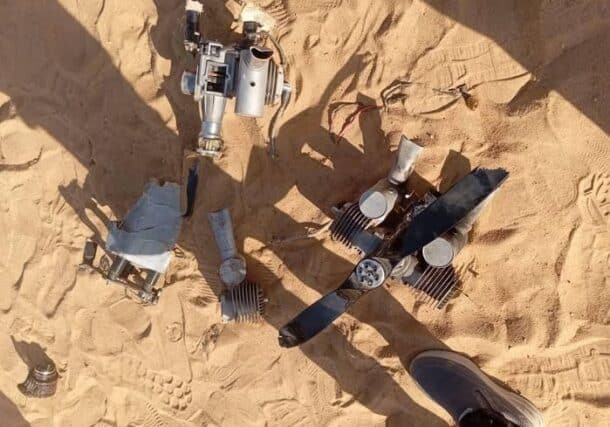 Wreckage of a drone downed by the Sudanese army in Debba on February 7, 2025.