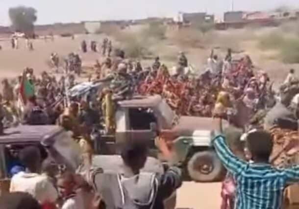 Jubilant residents of Abu Quta welcome the Sudanese army on February 7, 2025.