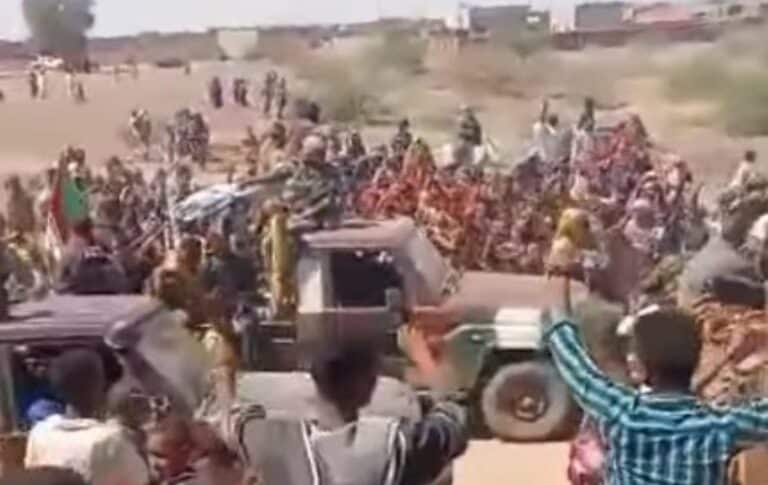 Jubilant residents of Abu Quta welcome the Sudanese army on February 7, 2025.